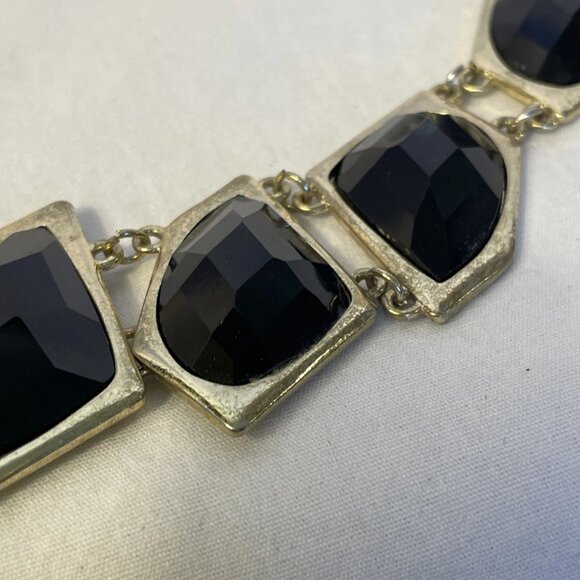 Gold Tone Chain With 7 Large Geometric Black Faceted Synthetic Stones in Bezels - Picture 8 of 10